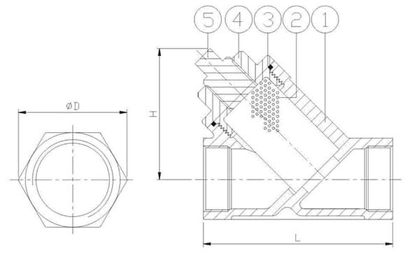 Stainless threaded Y-strainer – technical drawing