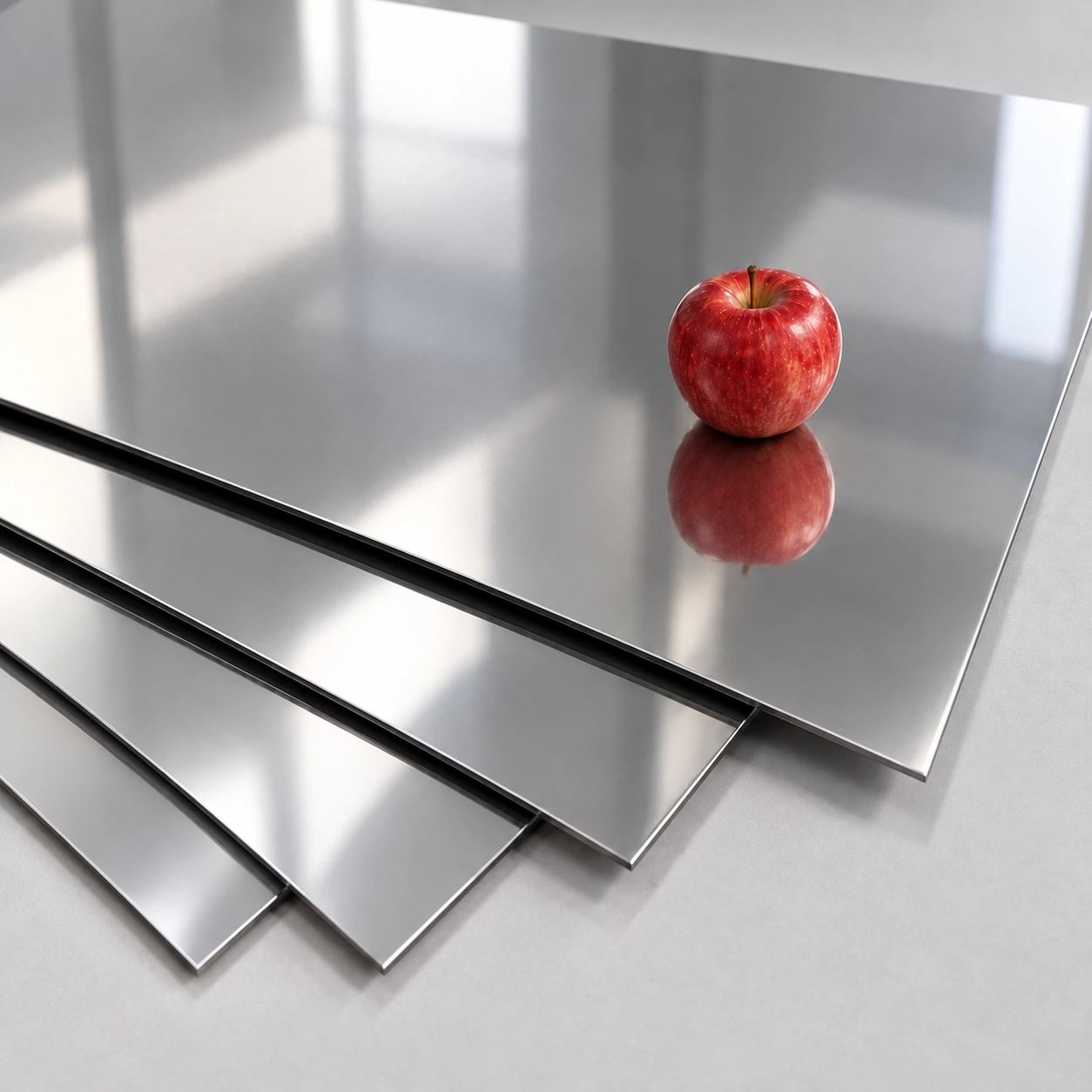 Stainless steel sheet BA (2R) with a bright, reflective surface