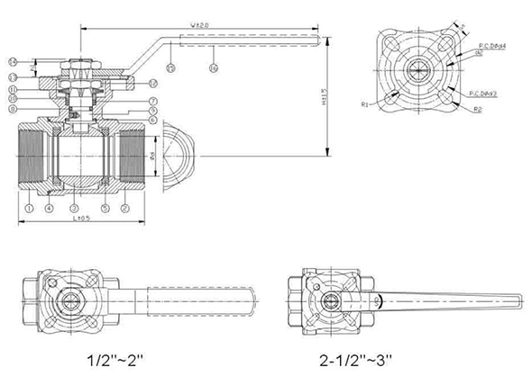 Two-piece ball valve with pneumatic actuator mounting pad – technical drawing