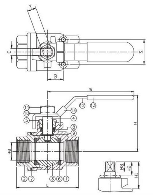 Two-piece threaded ball valve – technical drawing