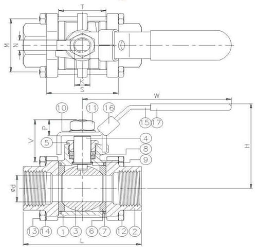 Three-piece threaded ball valve – technical drawing