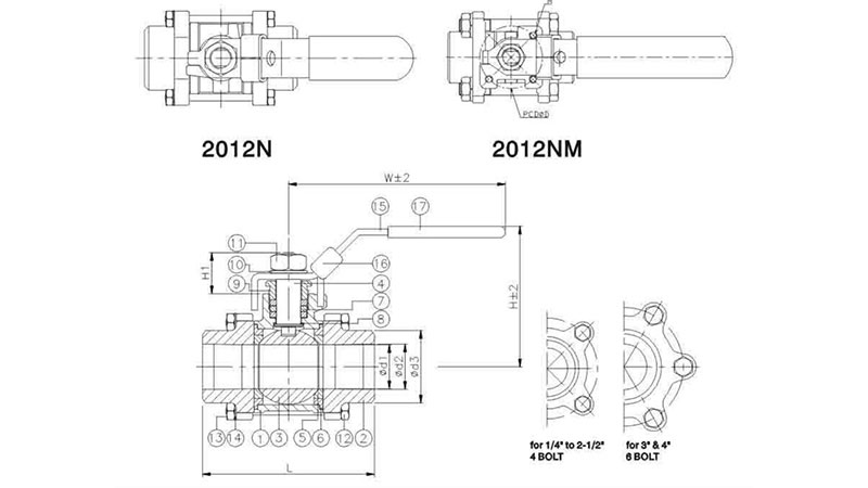 Three-piece weldable ball valve with pneumatic actuator mounting pad – technical drawing