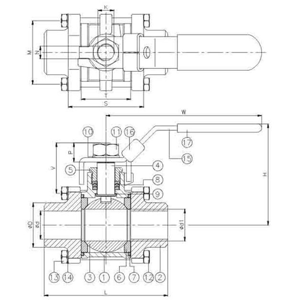 Three-piece weldable ball valve – technical drawing