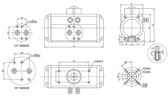 Pneumatic actuator – technical drawing with dimensions and NAMUR interface